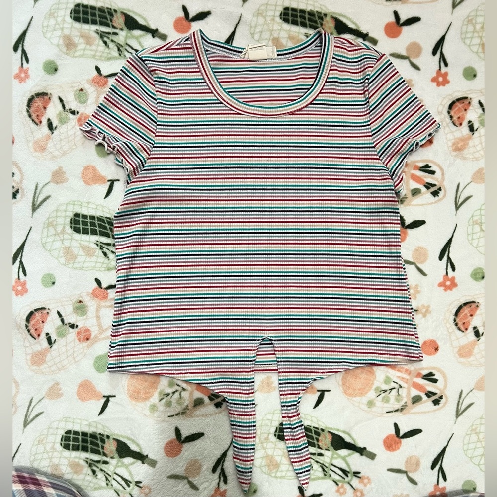Women's Knot Hem Striped Top Ribbed Knit Short Sleeve Tee Tshirt
